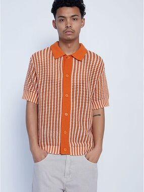 PacSun Orange & Cream Open Knit Polo Sweater Top Size S Preppy Retro